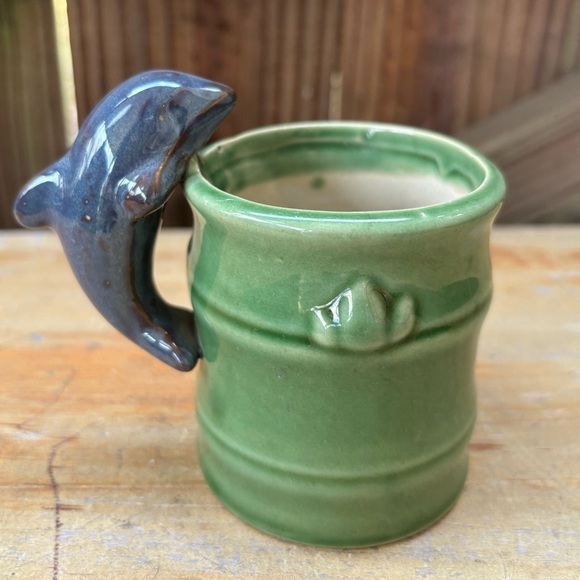 Vintage Japanese Green Porcelain Bamboo Shaped Tea Cup with Dolphin Handle - Picture 1 of 6